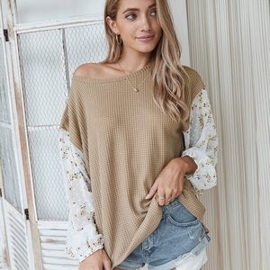 Contrast Floral Print Swiss Dot Sleeve Tee